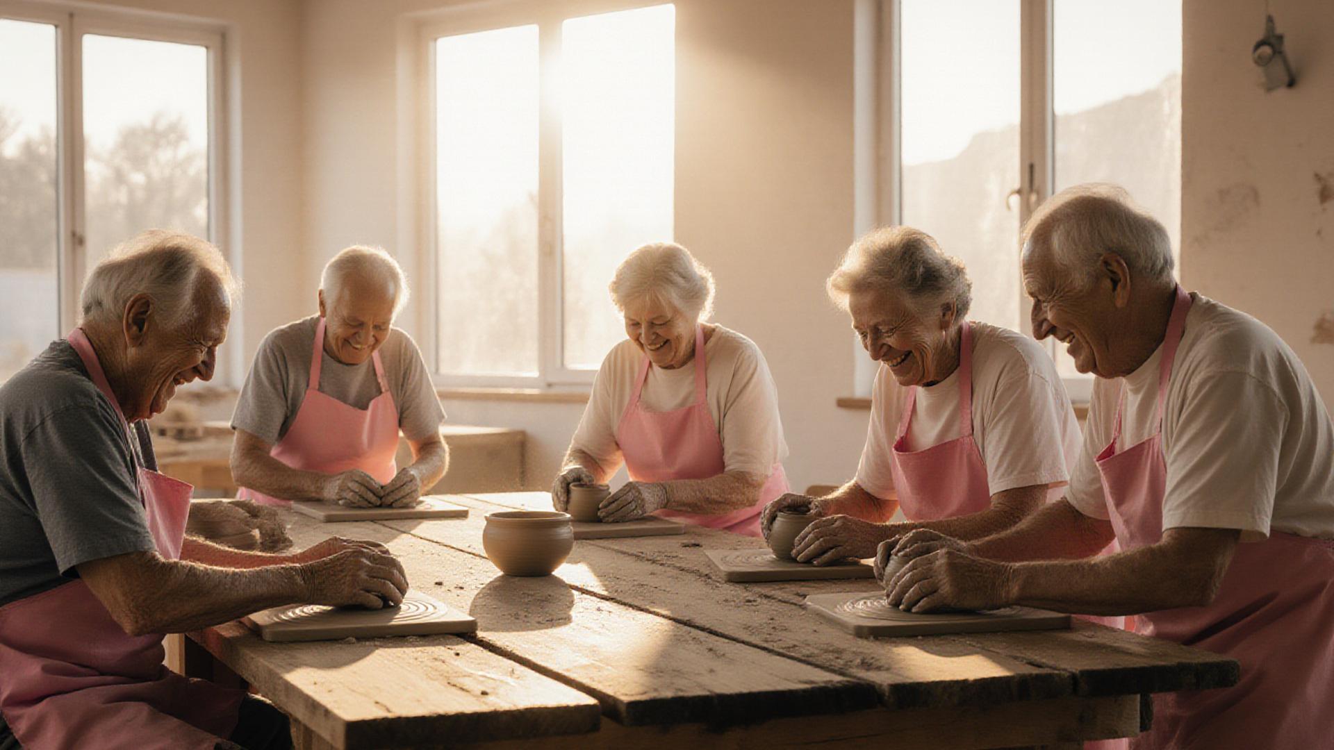 Senioren creëren handgevormde keramiek in een lichte studio