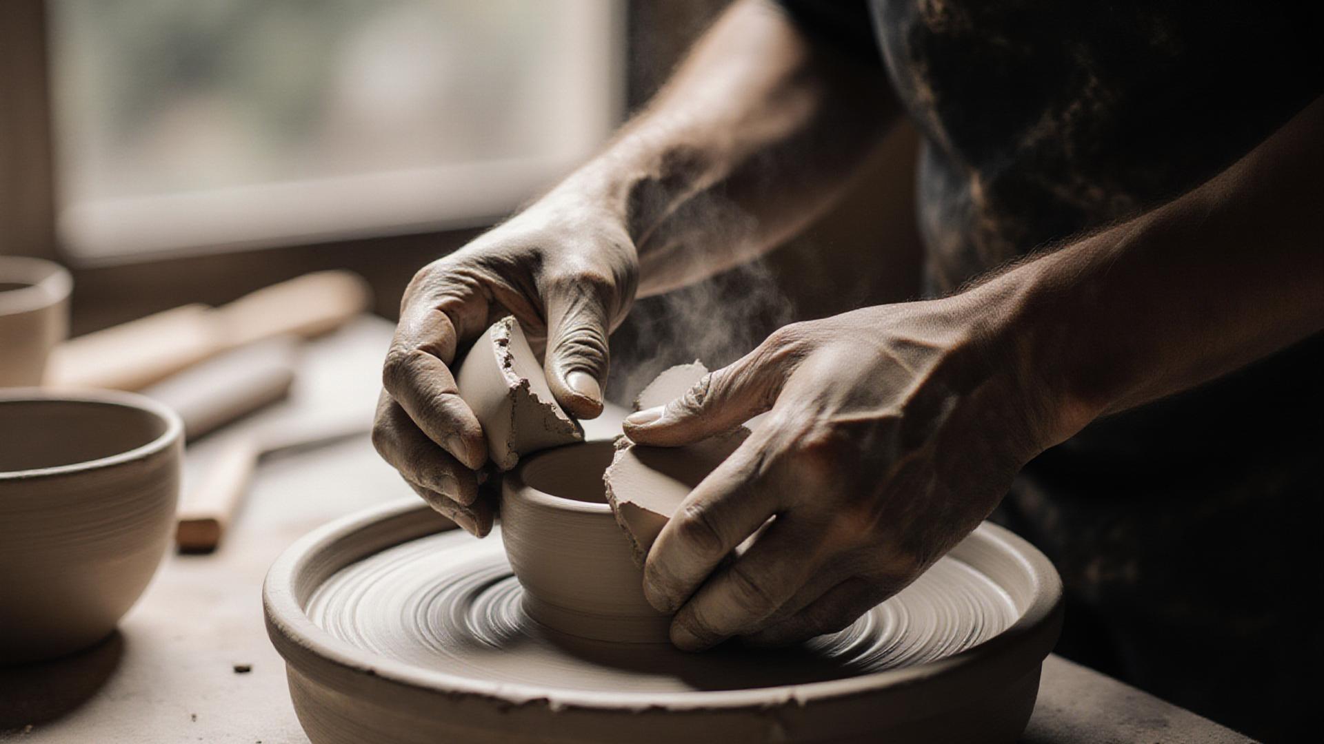 Handen die zorgvuldig een gebroken keramische schaal repareren