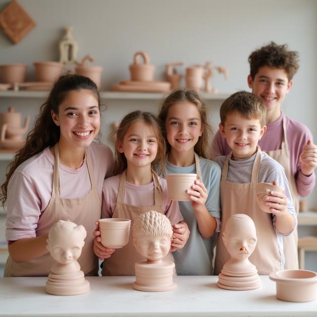 Groepsfoto van trotse families met hun keramiek