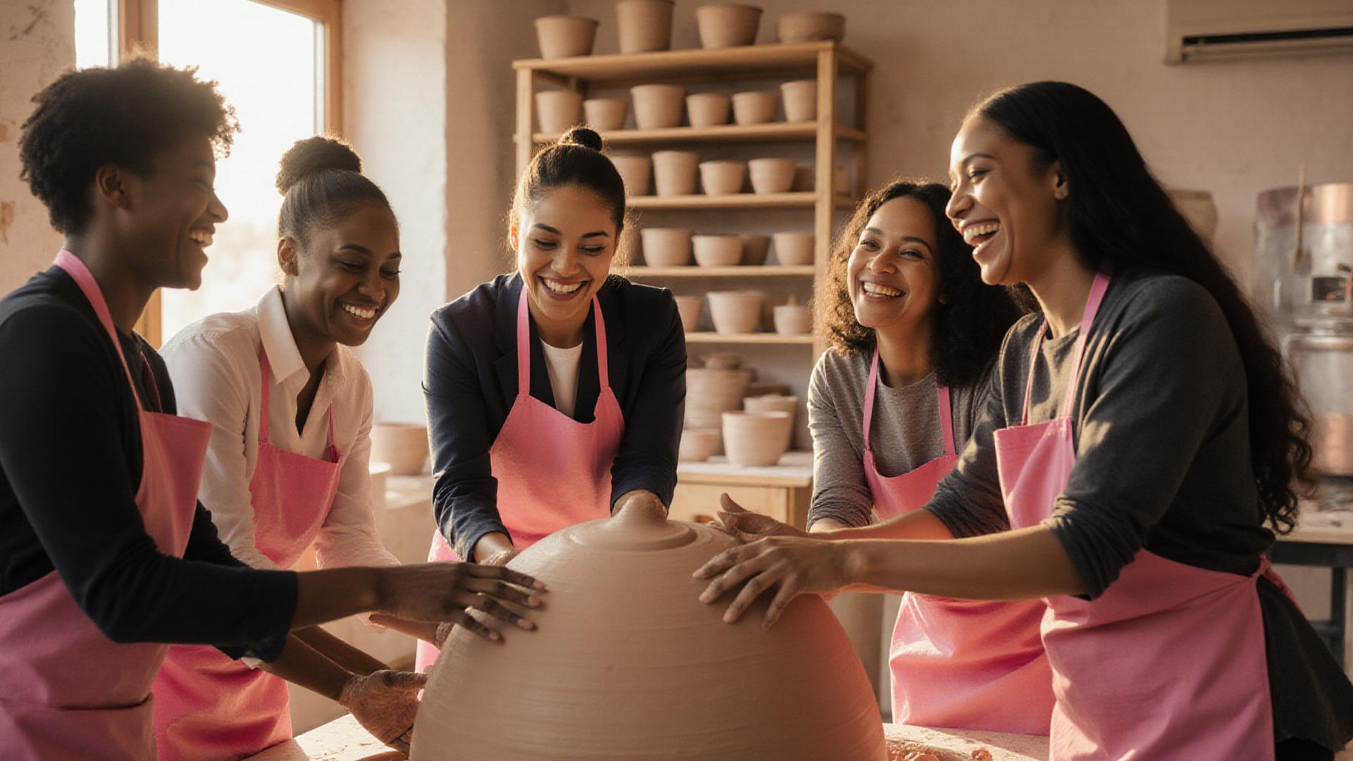 Team van professionals lachend aan het werk met klei